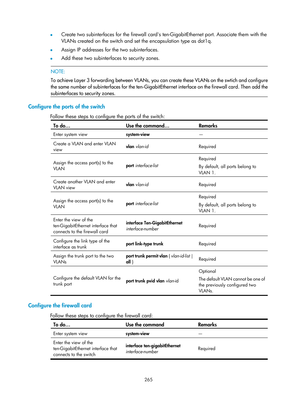 Configure the ports of the switch, Configure the firewall card | H3C Technologies H3C SecPath F1000-E User Manual | Page 290 / 967