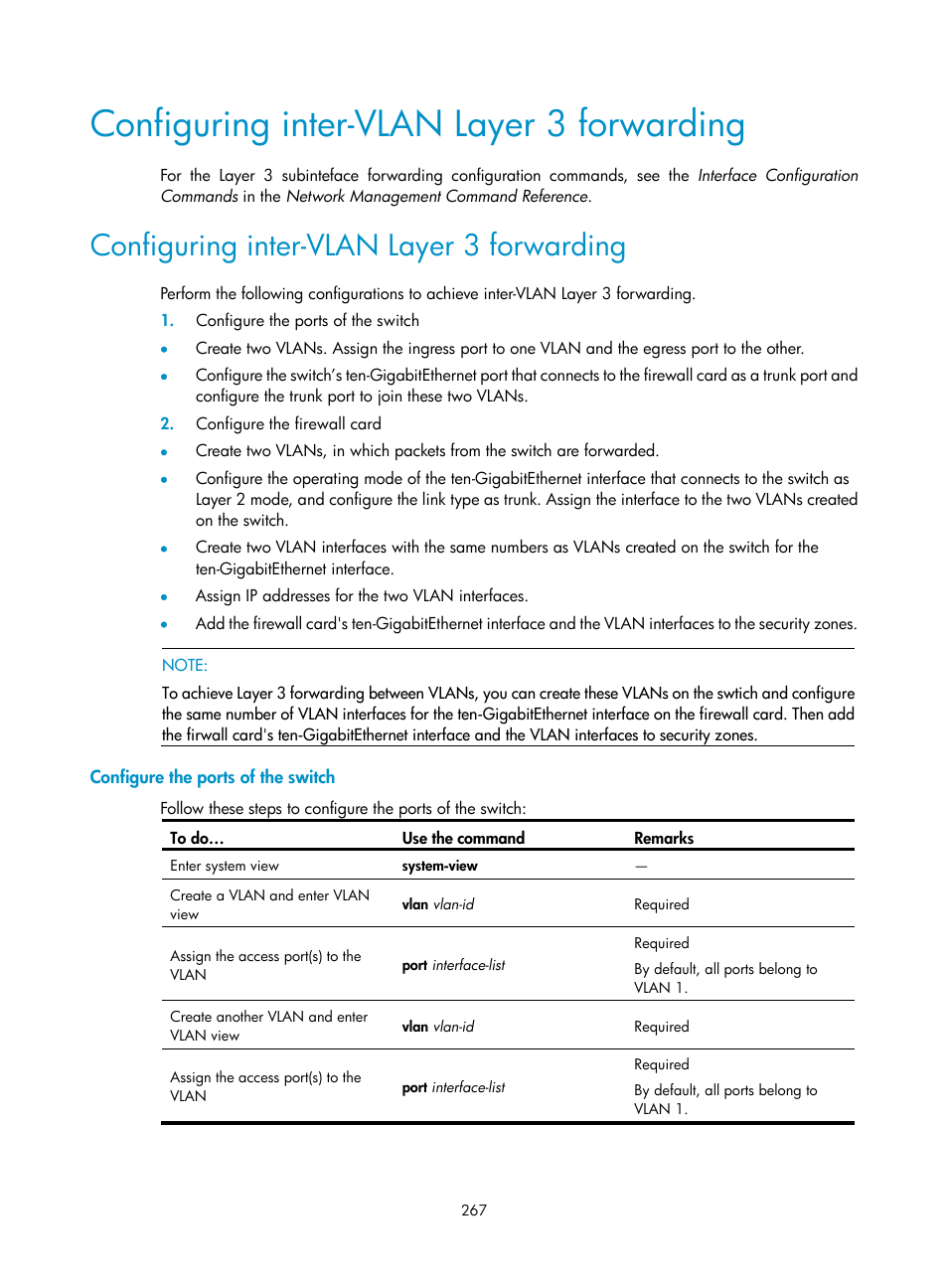 Configuring inter-vlan layer 3 forwarding, Configure the ports of the switch | H3C Technologies H3C SecPath F1000-E User Manual | Page 292 / 967