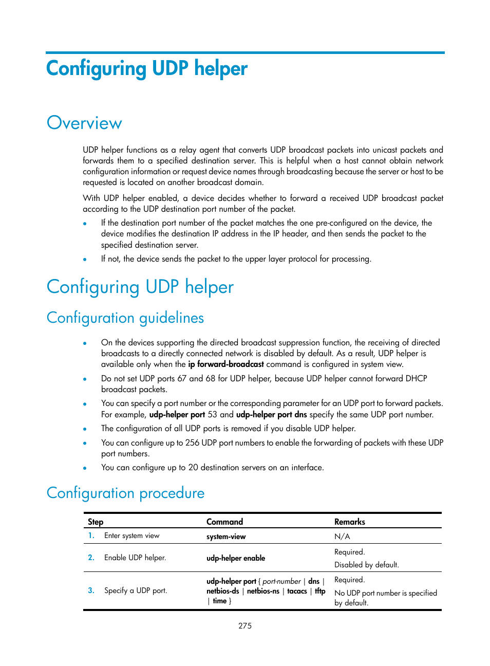 Configuring udp helper, Overview, Configuration guidelines | Configuration procedure | H3C Technologies H3C SecPath F1000-E User Manual | Page 300 / 967