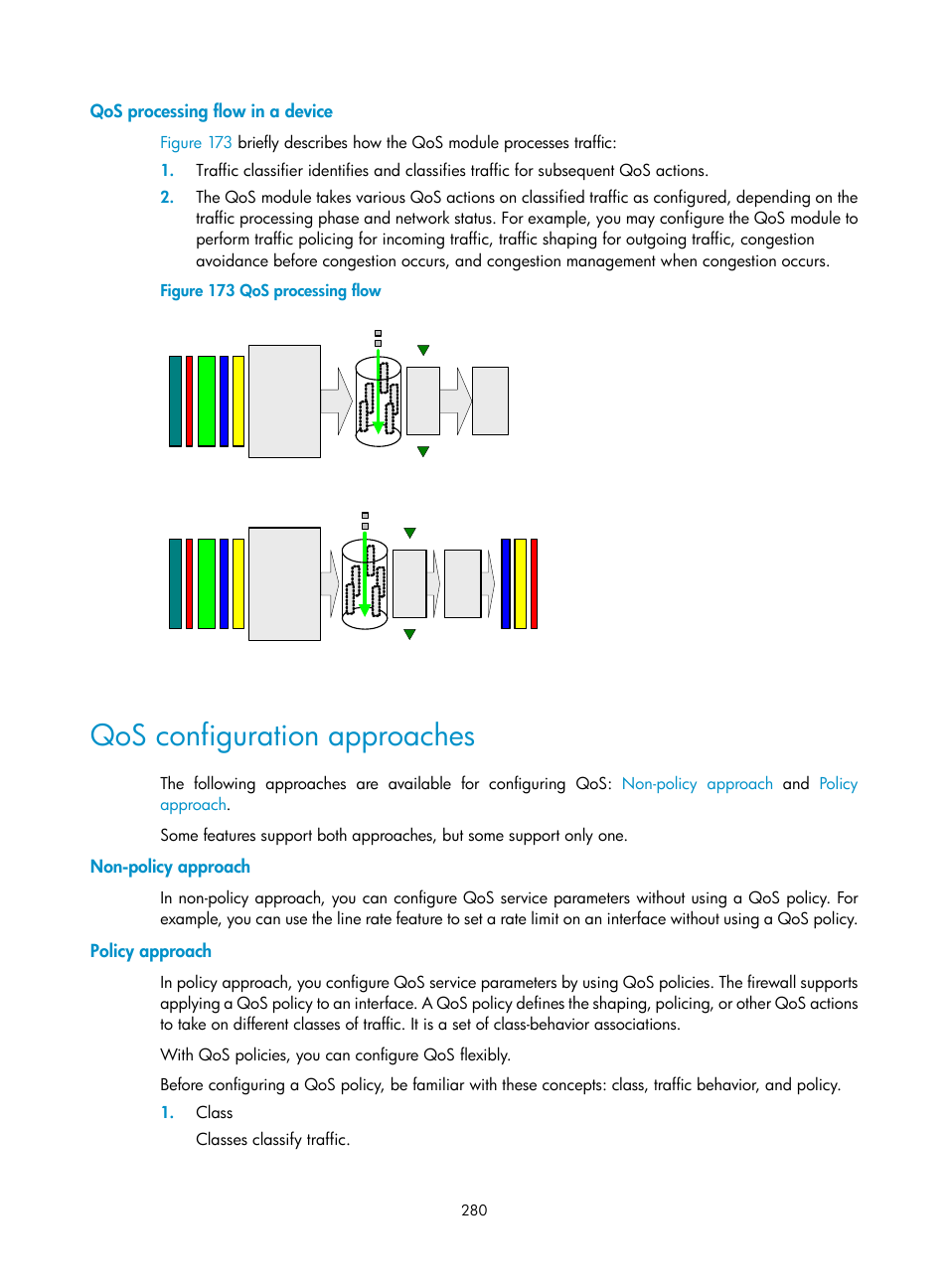 Qos processing flow in a device, Qos configuration approaches, Non-policy approach | Policy approach | H3C Technologies H3C SecPath F1000-E User Manual | Page 305 / 967