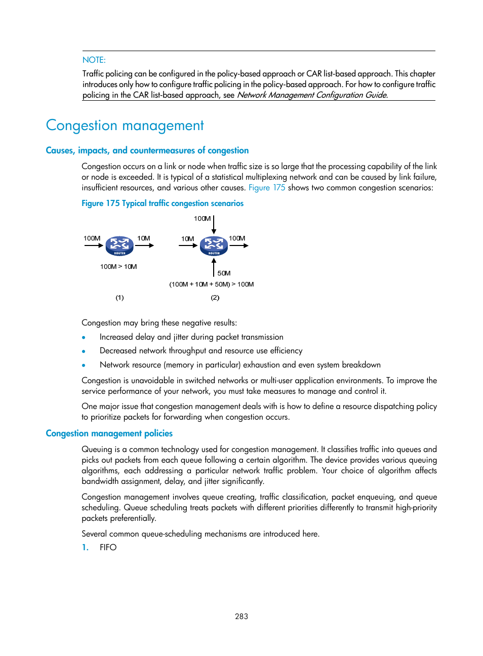 Congestion management, Causes, impacts, and countermeasures of congestion, Congestion management policies | H3C Technologies H3C SecPath F1000-E User Manual | Page 308 / 967