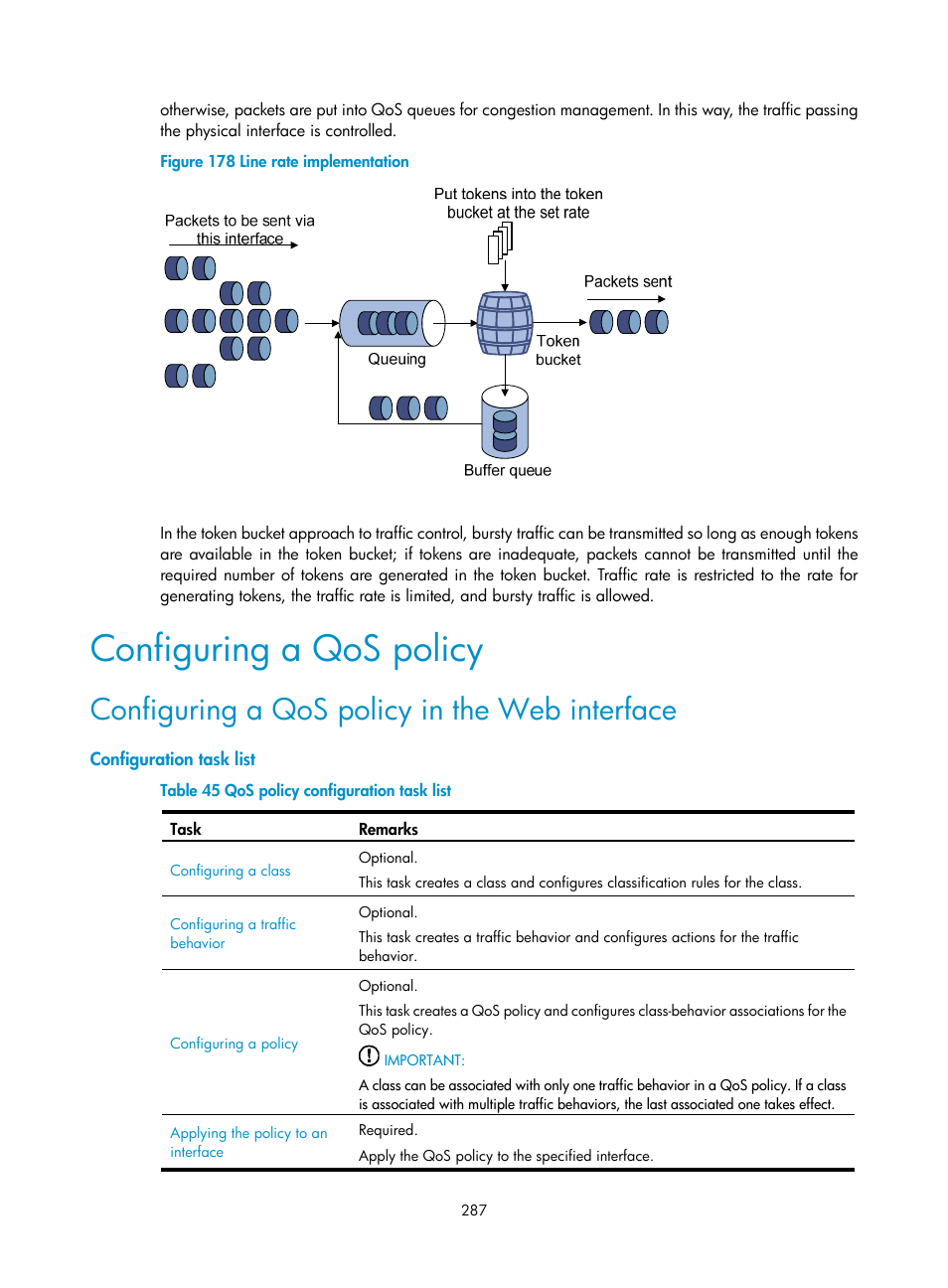 Configuring a qos policy, Configuring a qos policy in the web interface, Configuration task list | H3C Technologies H3C SecPath F1000-E User Manual | Page 312 / 967