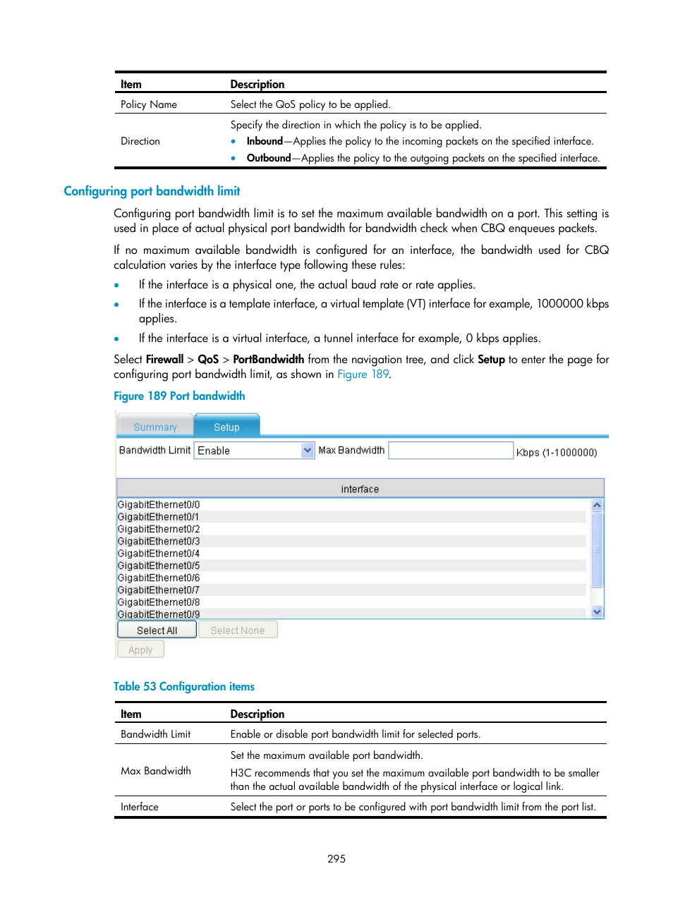 Configuring port bandwidth limit | H3C Technologies H3C SecPath F1000-E User Manual | Page 320 / 967