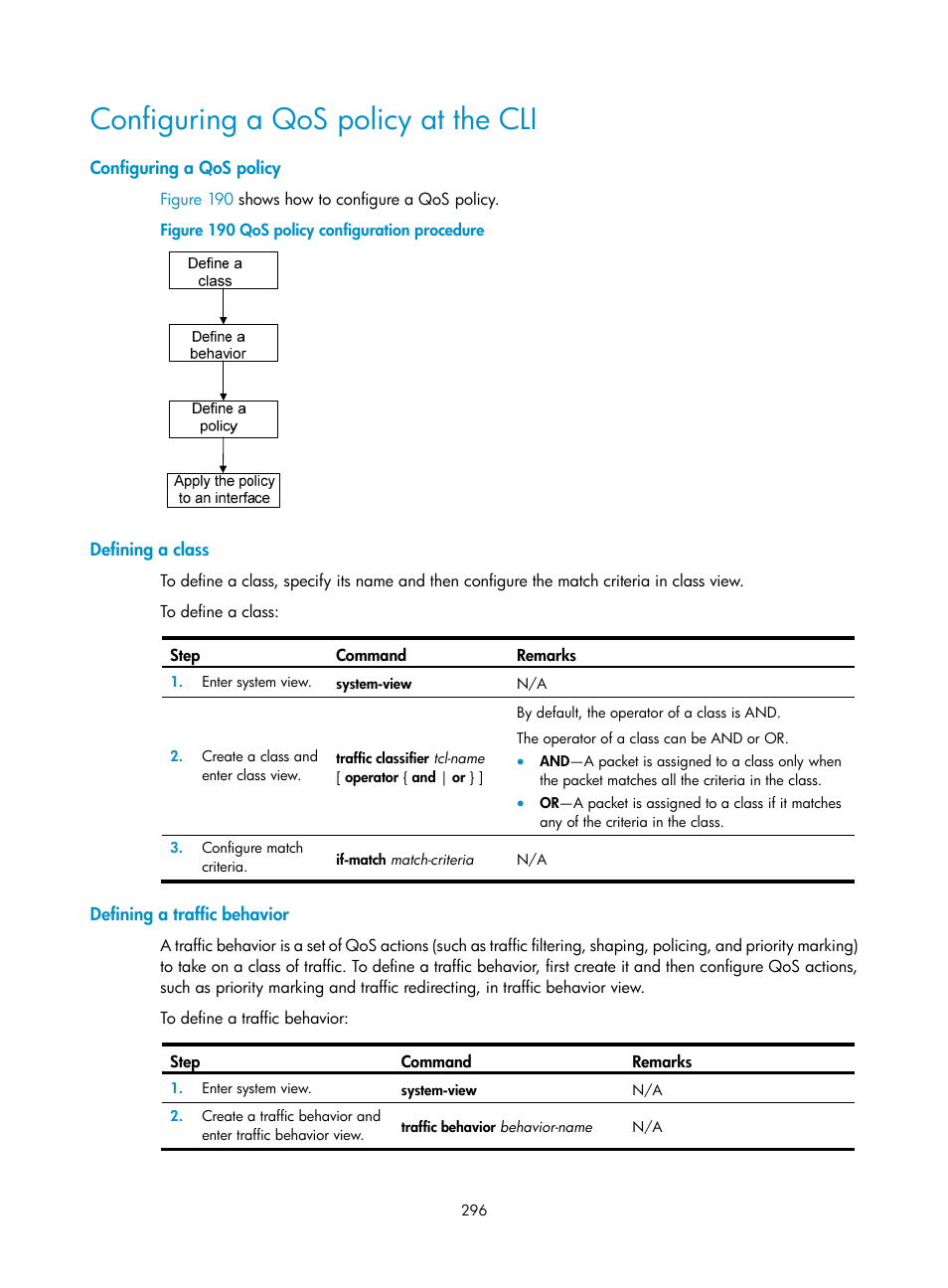 Configuring a qos policy at the cli, Configuring a qos policy, Defining a class | Defining a traffic behavior | H3C Technologies H3C SecPath F1000-E User Manual | Page 321 / 967