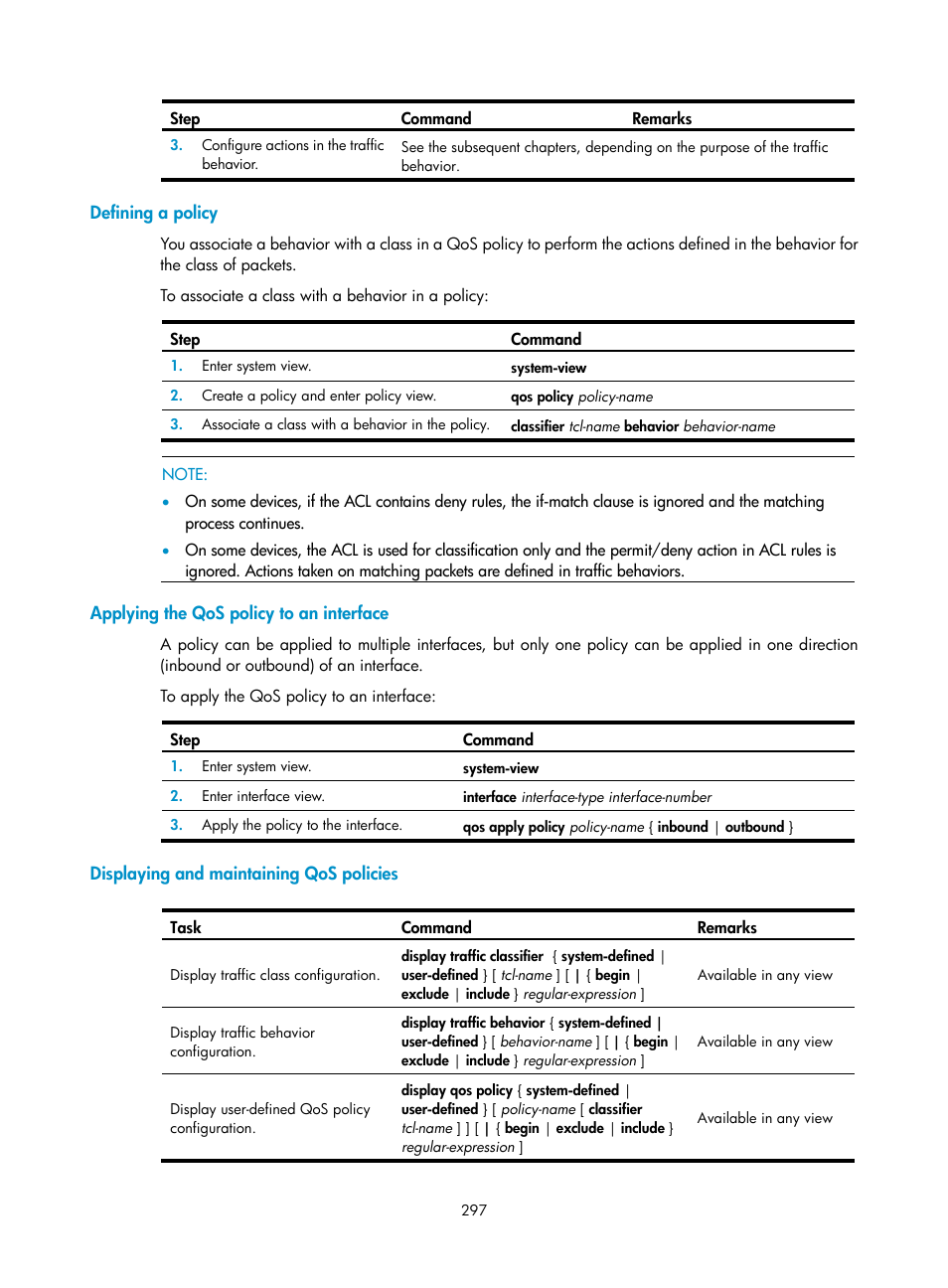 Defining a policy, Applying the qos policy to an interface, Displaying and maintaining qos policies | H3C Technologies H3C SecPath F1000-E User Manual | Page 322 / 967