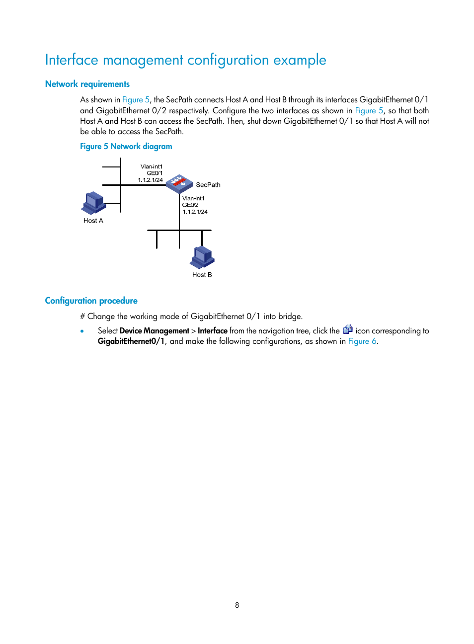 Interface management configuration example, Network requirements, Configuration procedure | H3C Technologies H3C SecPath F1000-E User Manual | Page 33 / 967