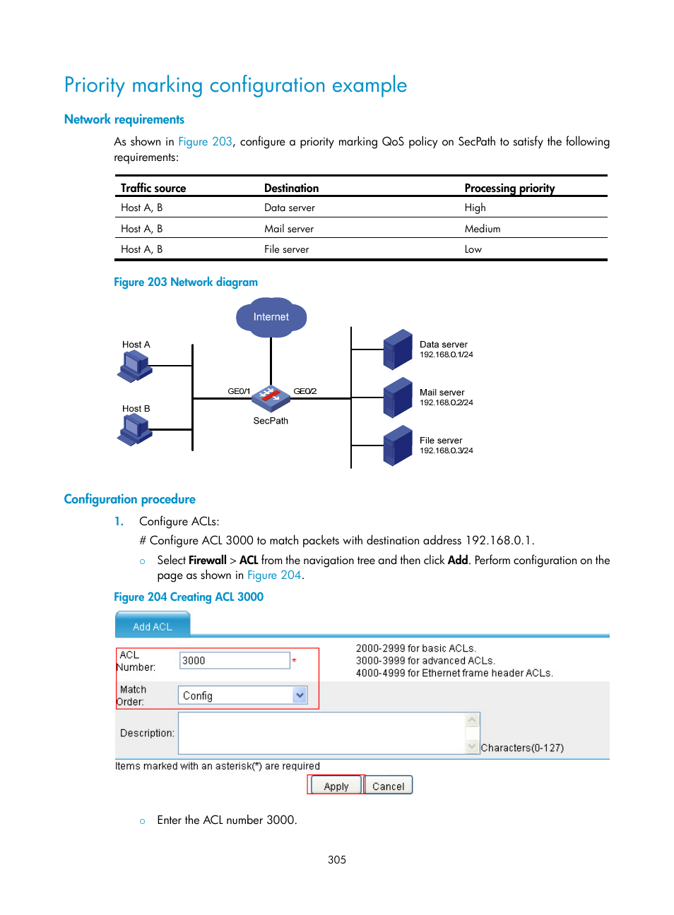 Priority marking configuration example, Network requirements, Configuration procedure | H3C Technologies H3C SecPath F1000-E User Manual | Page 330 / 967