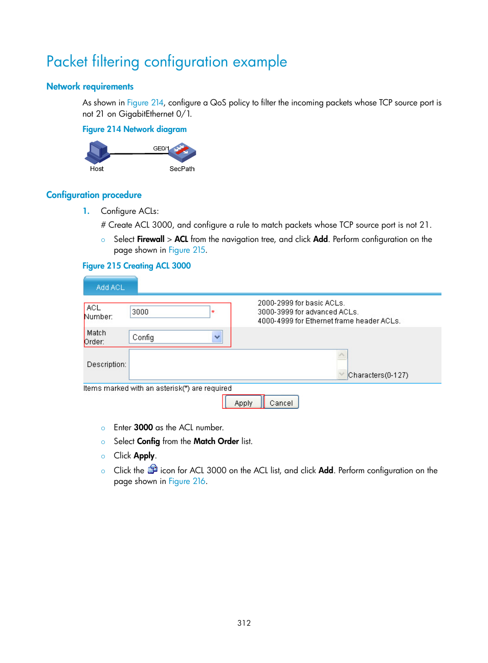 Packet filtering configuration example, Network requirements, Configuration procedure | H3C Technologies H3C SecPath F1000-E User Manual | Page 337 / 967