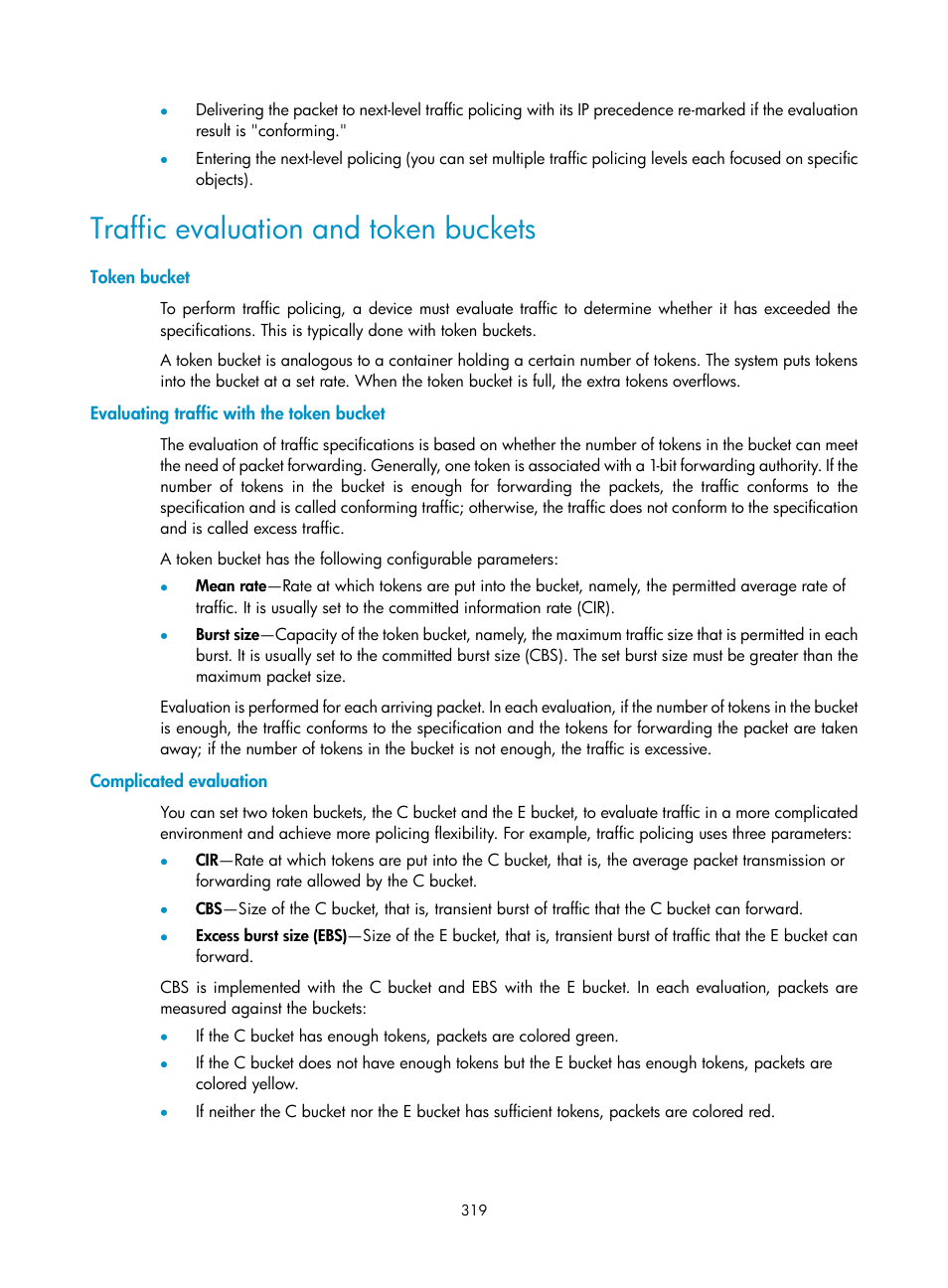 Traffic evaluation and token buckets, Token bucket, Evaluating traffic with the token bucket | Complicated evaluation | H3C Technologies H3C SecPath F1000-E User Manual | Page 344 / 967