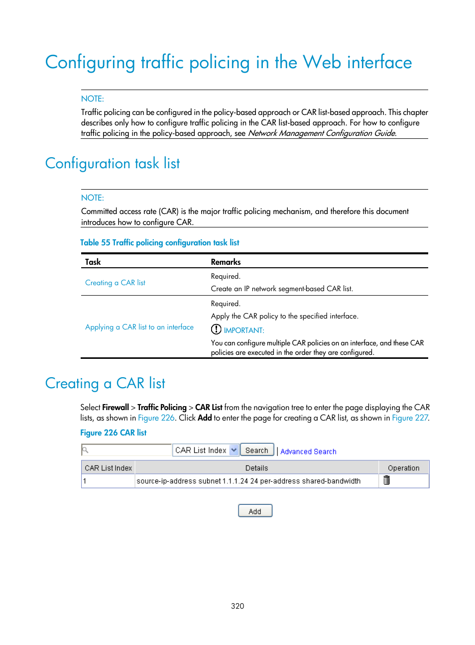 Configuring traffic policing in the web interface, Configuration task list, Creating a car list | H3C Technologies H3C SecPath F1000-E User Manual | Page 345 / 967