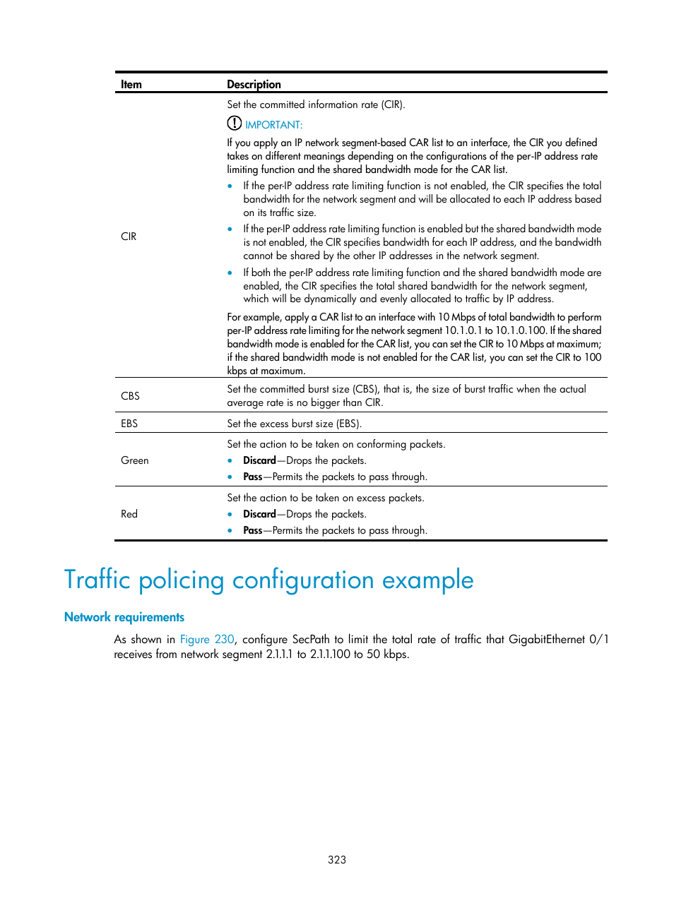 Traffic policing configuration example, Network requirements | H3C Technologies H3C SecPath F1000-E User Manual | Page 348 / 967