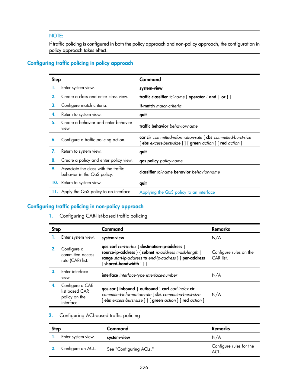 Configuring traffic policing in policy approach, Configuring car-list-based traffic policing, Configuring acl-based traffic policing | H3C Technologies H3C SecPath F1000-E User Manual | Page 351 / 967