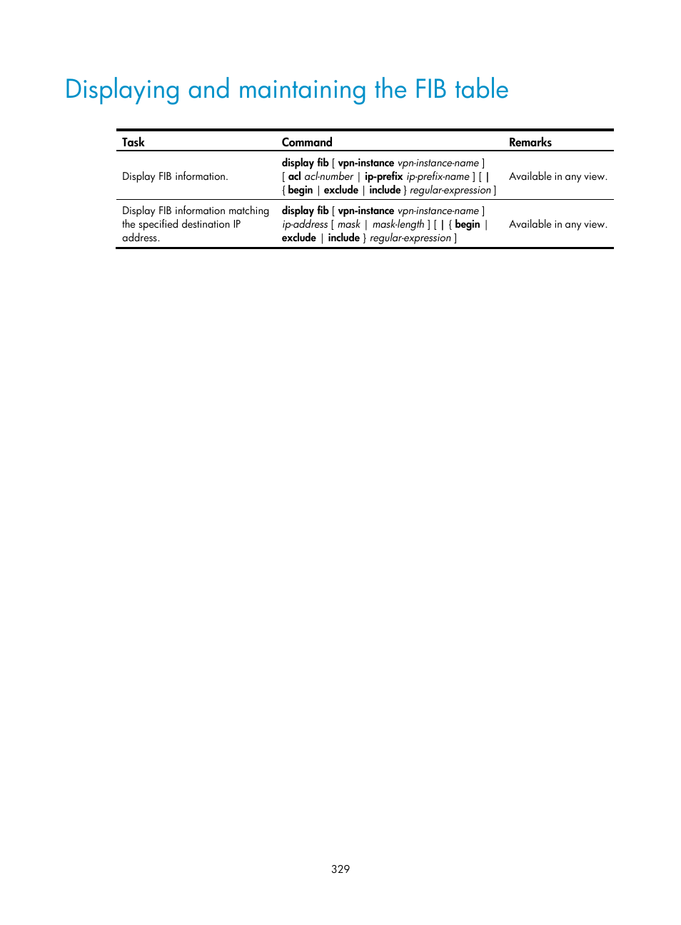 Displaying and maintaining the fib table | H3C Technologies H3C SecPath F1000-E User Manual | Page 354 / 967