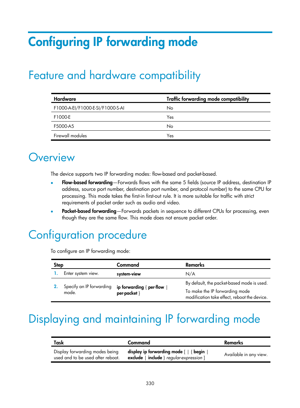 Configuring ip forwarding mode, Feature and hardware compatibility, Overview | Configuration procedure, Displaying and maintaining ip forwarding mode | H3C Technologies H3C SecPath F1000-E User Manual | Page 355 / 967