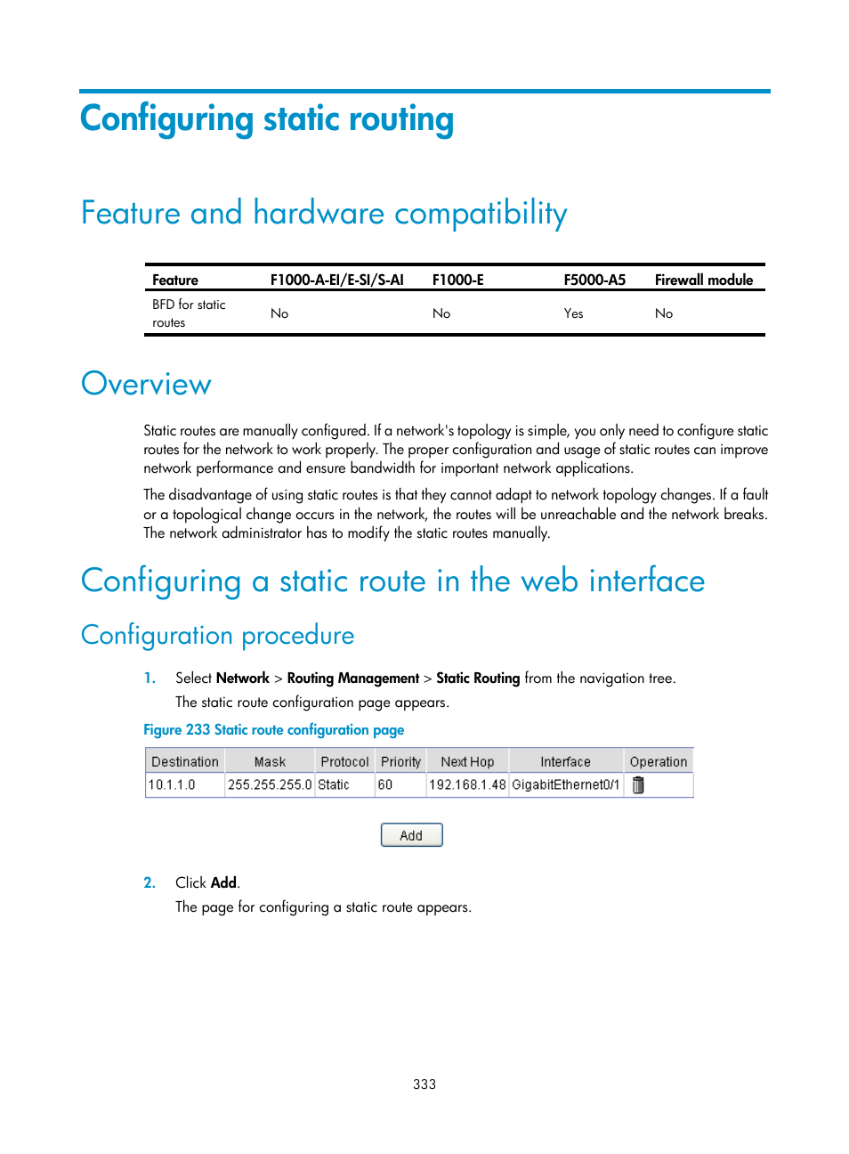 Configuring static routing, Feature and hardware compatibility, Overview | Configuring a static route in the web interface, Configuration procedure | H3C Technologies H3C SecPath F1000-E User Manual | Page 358 / 967