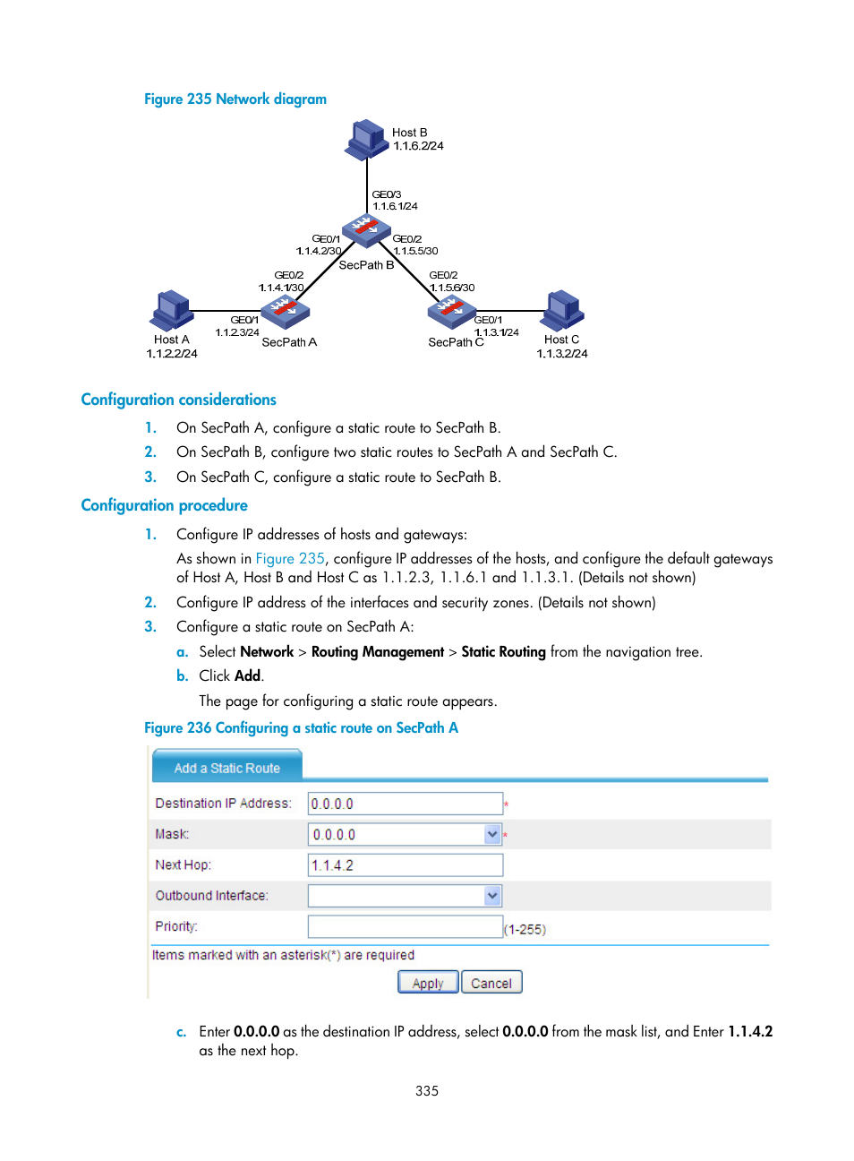 Configuration considerations, Configuration procedure | H3C Technologies H3C SecPath F1000-E User Manual | Page 360 / 967