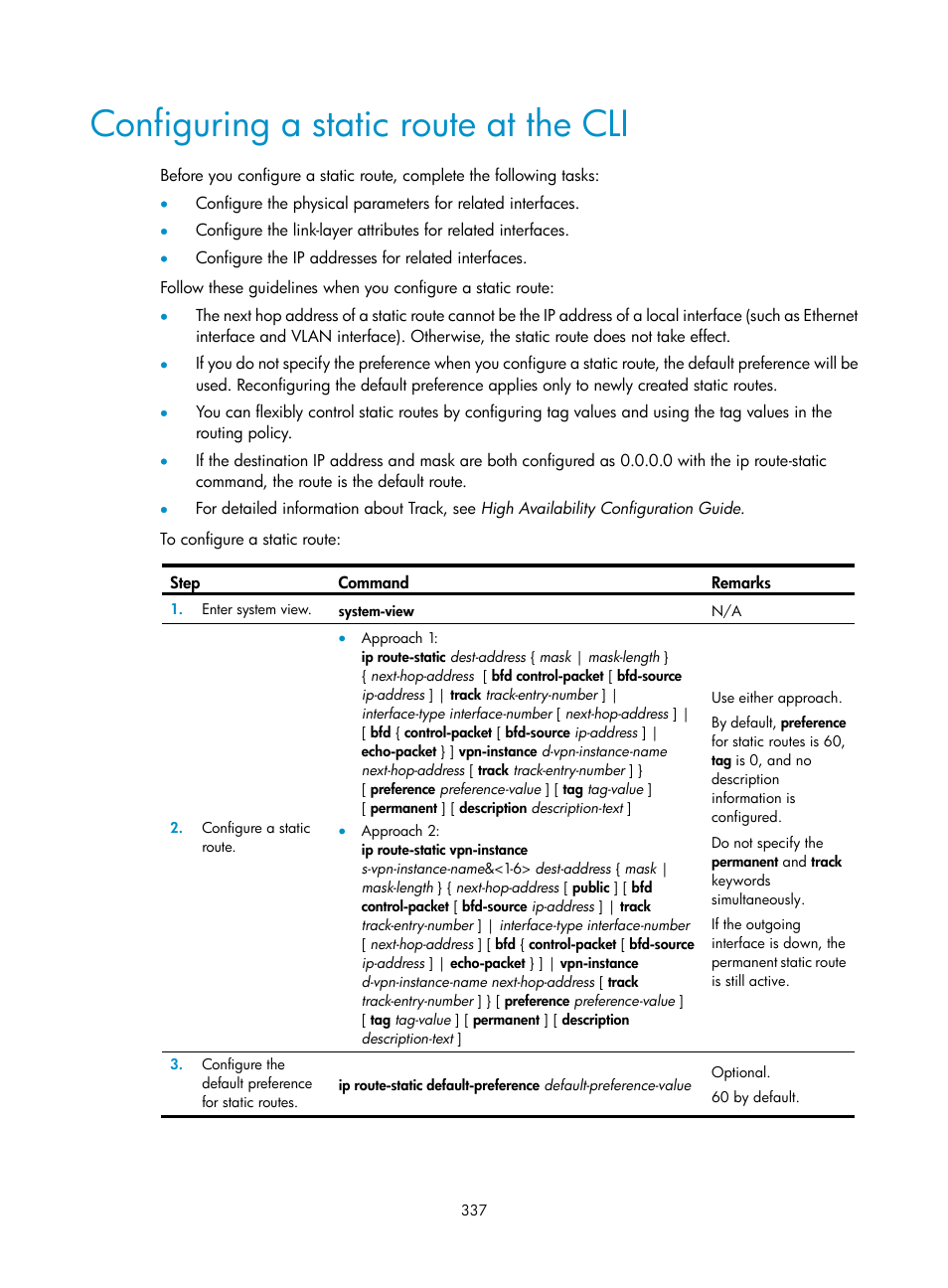 Configuring a static route at the cli | H3C Technologies H3C SecPath F1000-E User Manual | Page 362 / 967
