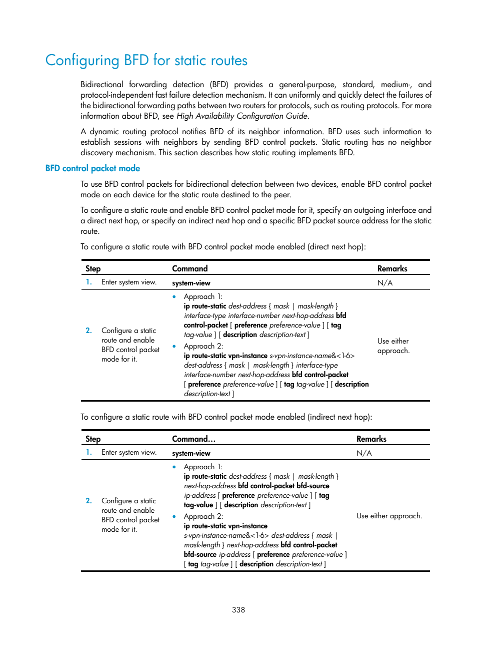 Configuring bfd for static routes, Bfd control packet mode | H3C Technologies H3C SecPath F1000-E User Manual | Page 363 / 967