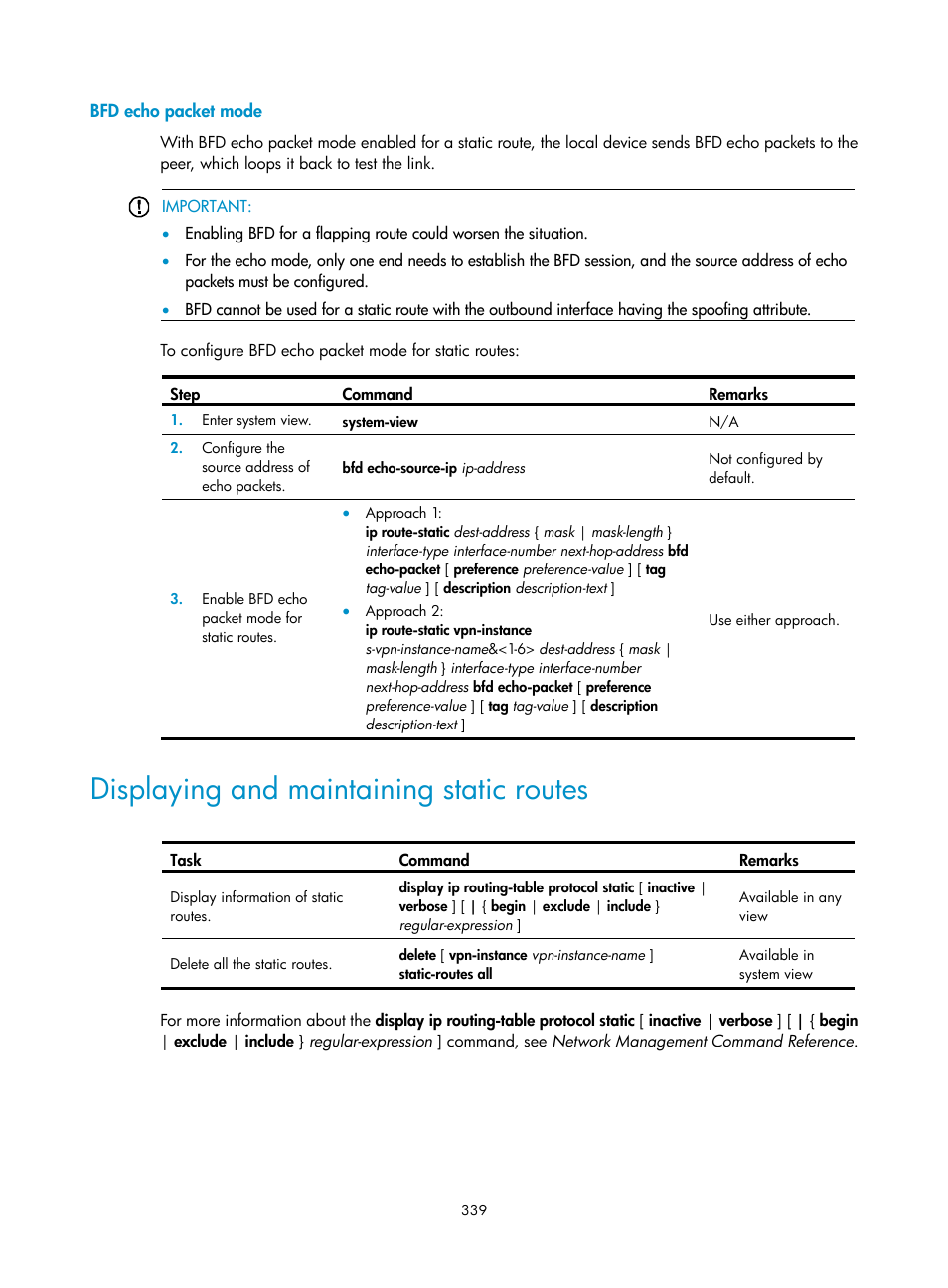 Bfd echo packet mode, Displaying and maintaining static routes | H3C Technologies H3C SecPath F1000-E User Manual | Page 364 / 967