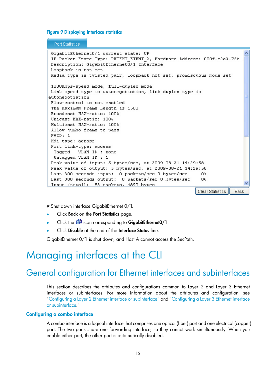 Managing interfaces at the cli, Configuring a combo interface | H3C Technologies H3C SecPath F1000-E User Manual | Page 37 / 967