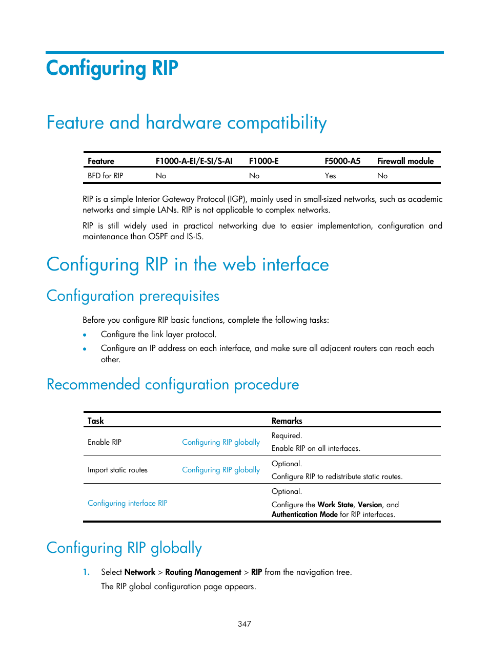 Configuring rip, Feature and hardware compatibility, Configuring rip in the web interface | Configuration prerequisites, Recommended configuration procedure, Configuring rip globally | H3C Technologies H3C SecPath F1000-E User Manual | Page 372 / 967