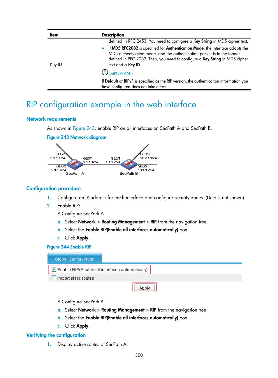 Rip configuration example in the web interface, Network requirements, Configuration procedure | Verifying the configuration | H3C Technologies H3C SecPath F1000-E User Manual | Page 375 / 967