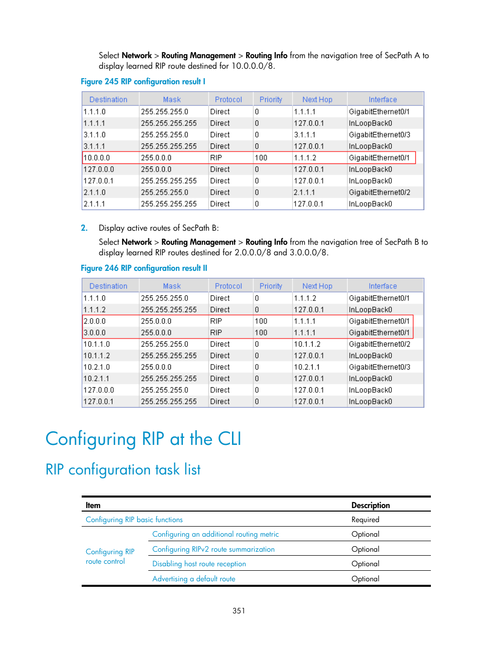 Configuring rip at the cli, Rip configuration task list | H3C Technologies H3C SecPath F1000-E User Manual | Page 376 / 967