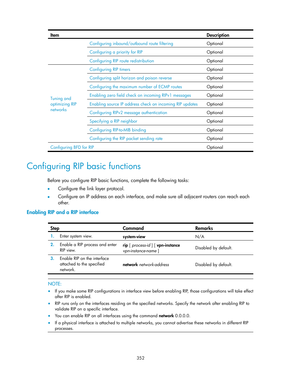 Configuring rip basic functions, Enabling rip and a rip interface | H3C Technologies H3C SecPath F1000-E User Manual | Page 377 / 967