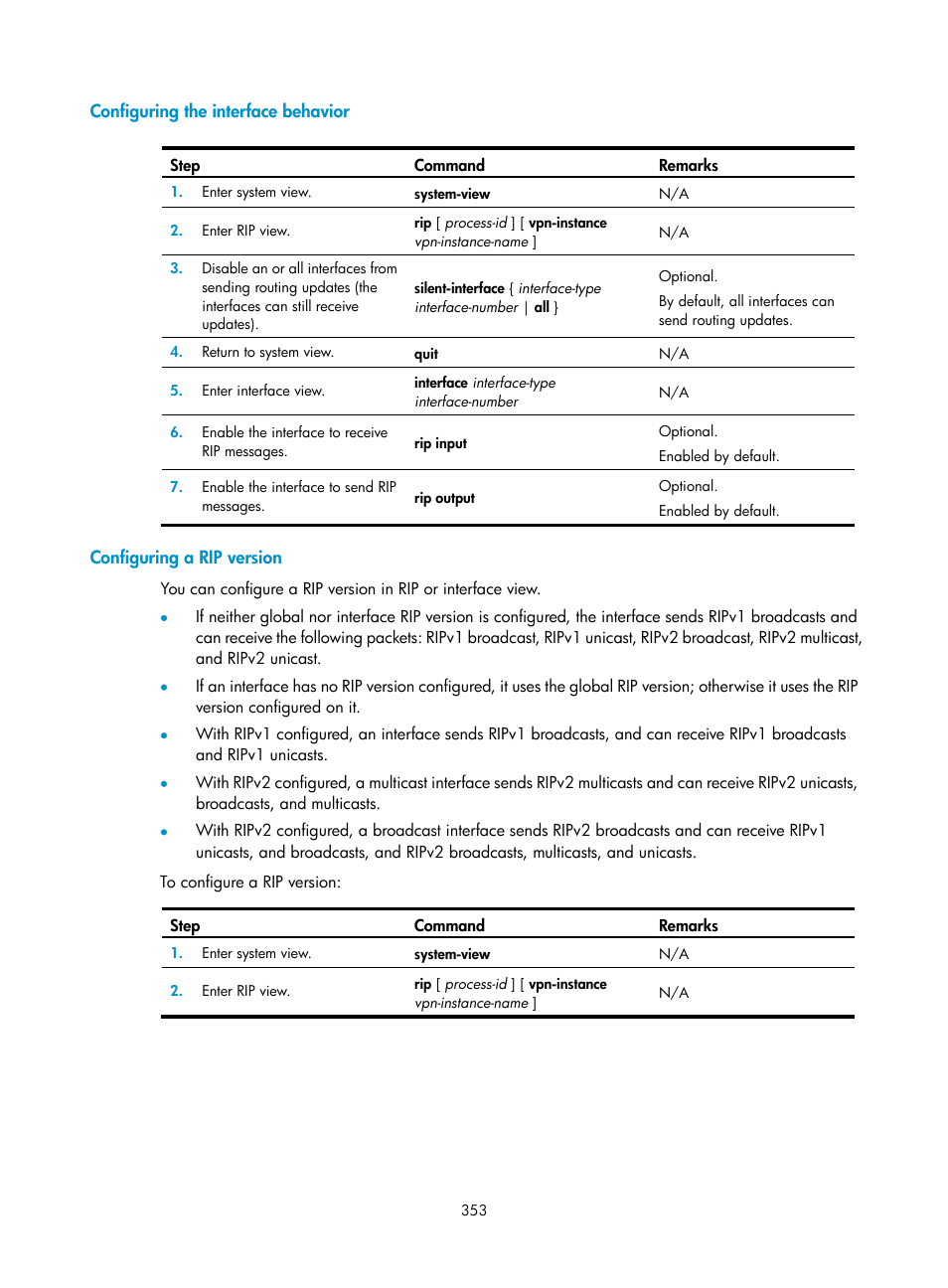 Configuring the interface behavior, Configuring a rip version | H3C Technologies H3C SecPath F1000-E User Manual | Page 378 / 967