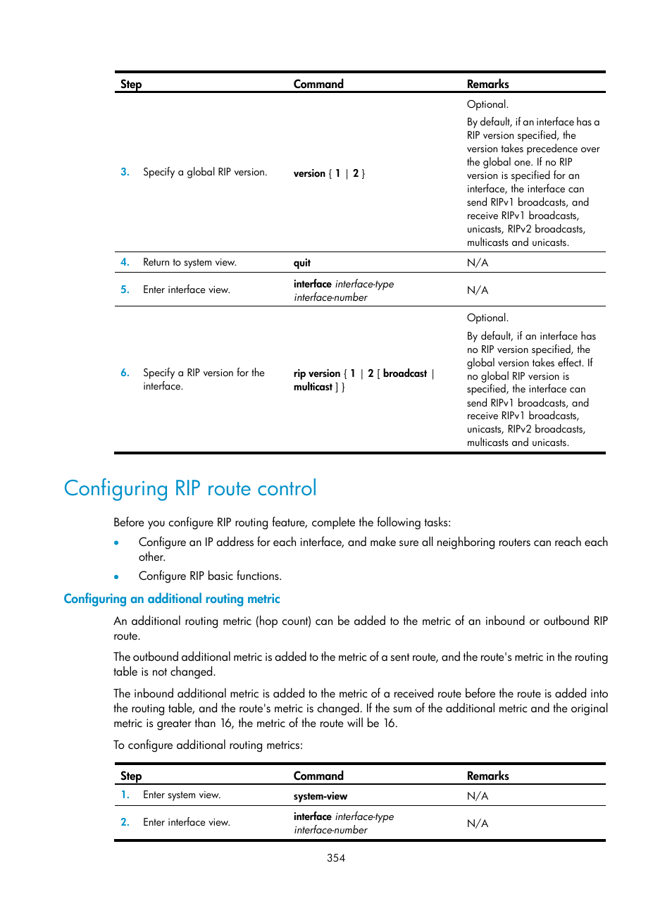 Configuring rip route control, Configuring an additional routing metric | H3C Technologies H3C SecPath F1000-E User Manual | Page 379 / 967