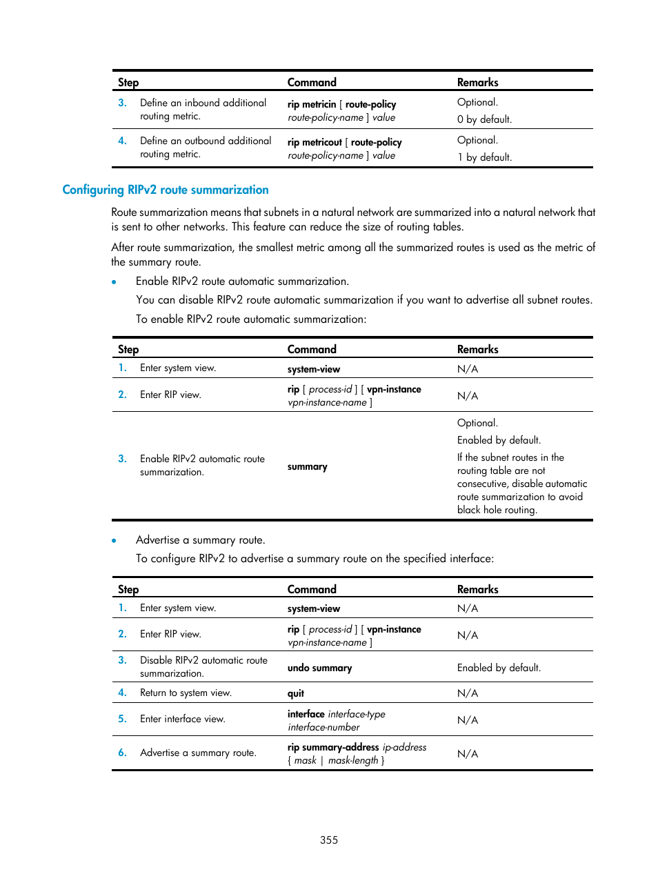 Configuring ripv2 route summarization | H3C Technologies H3C SecPath F1000-E User Manual | Page 380 / 967