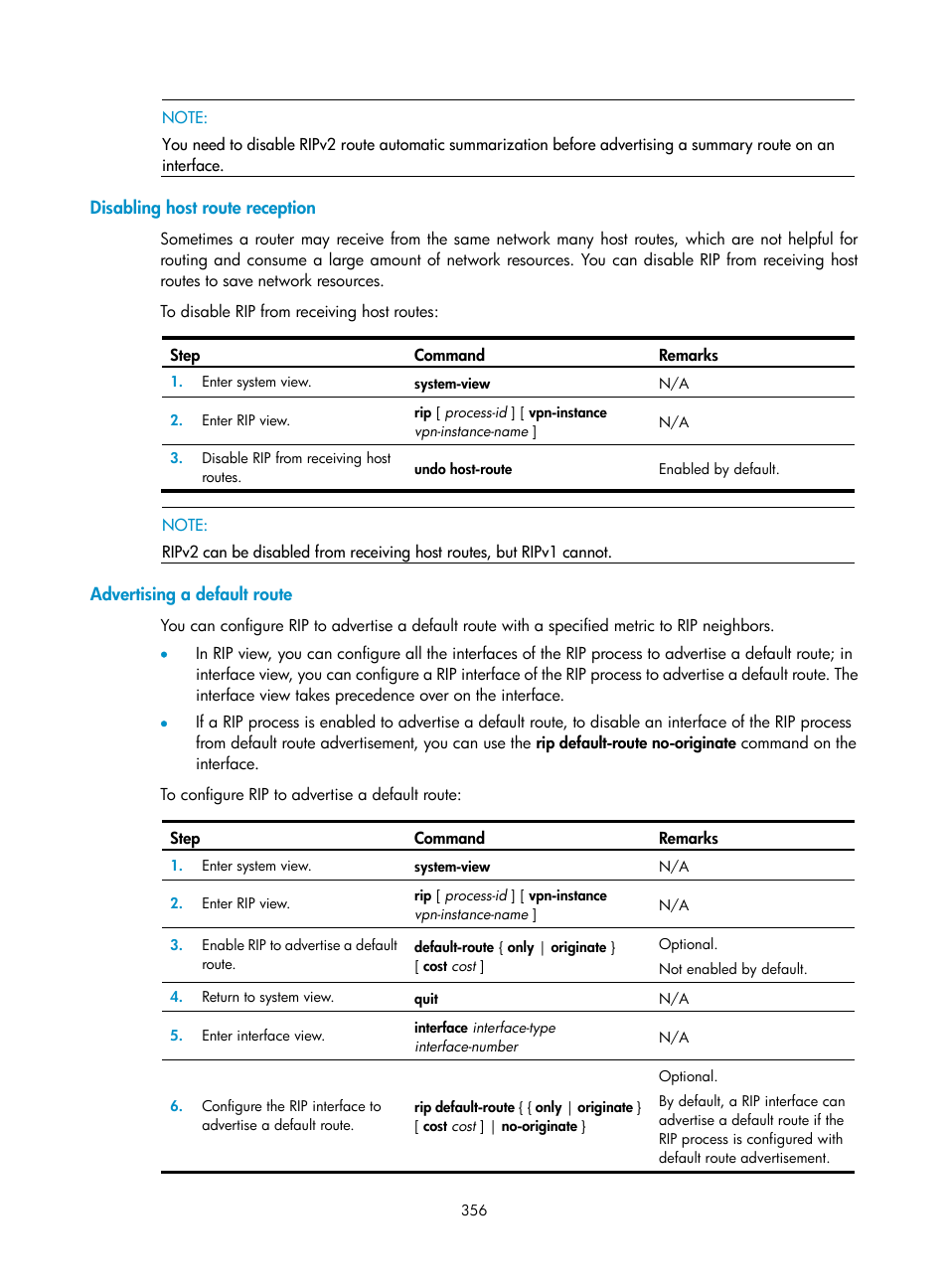 Disabling host route reception, Advertising a default route | H3C Technologies H3C SecPath F1000-E User Manual | Page 381 / 967