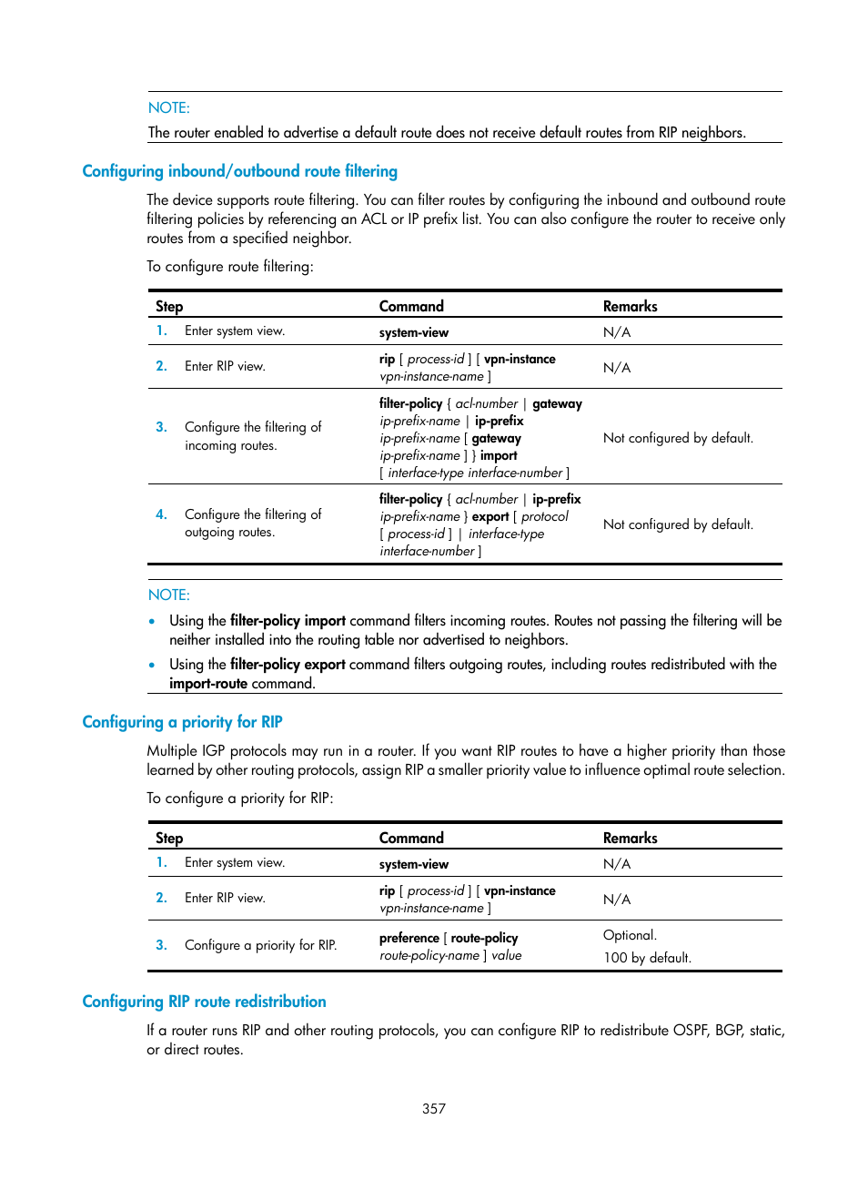 Configuring inbound/outbound route filtering, Configuring a priority for rip, Configuring rip route redistribution | H3C Technologies H3C SecPath F1000-E User Manual | Page 382 / 967