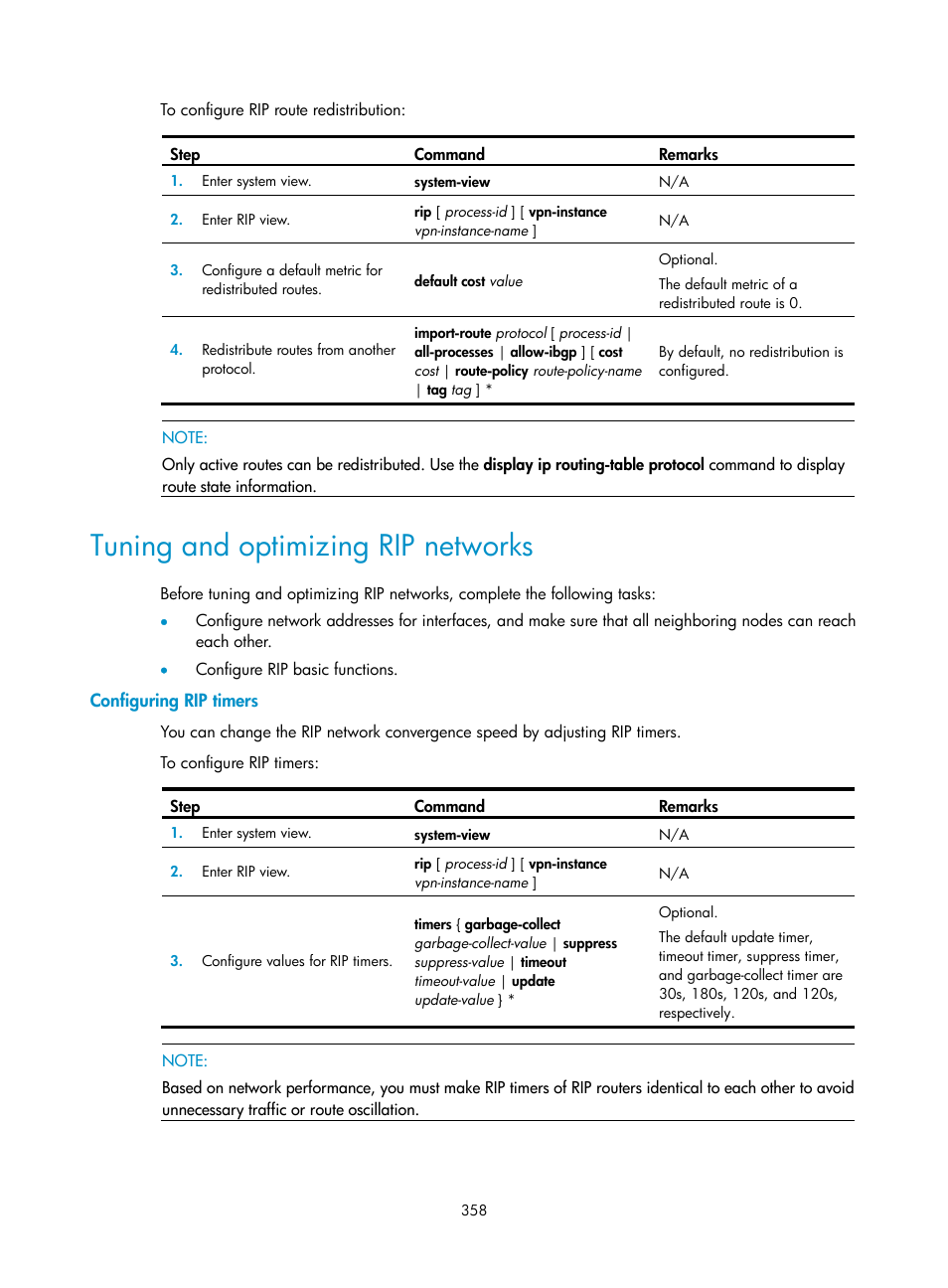 Tuning and optimizing rip networks, Configuring rip timers, Tuning and optimizing rip | Networks | H3C Technologies H3C SecPath F1000-E User Manual | Page 383 / 967