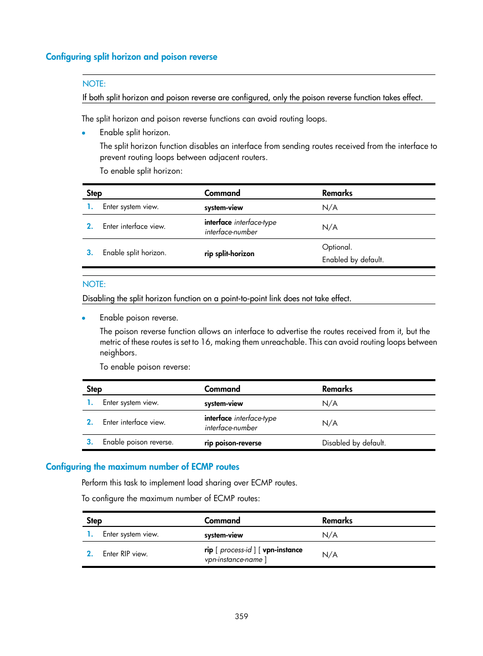 Configuring split horizon and poison reverse, Configuring the maximum number of ecmp routes | H3C Technologies H3C SecPath F1000-E User Manual | Page 384 / 967