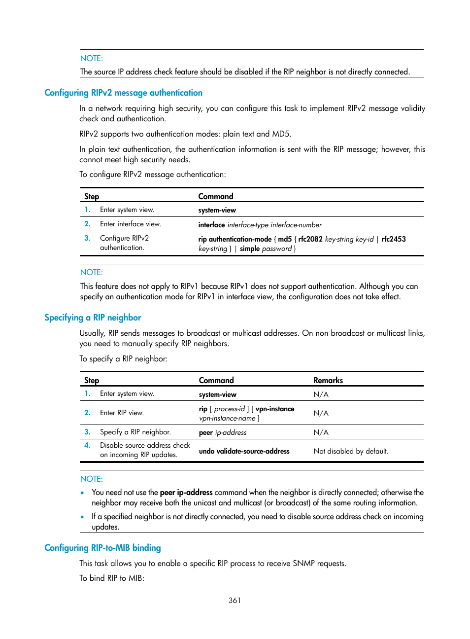 Configuring ripv2 message authentication, Specifying a rip neighbor, Configuring rip-to-mib binding | H3C Technologies H3C SecPath F1000-E User Manual | Page 386 / 967