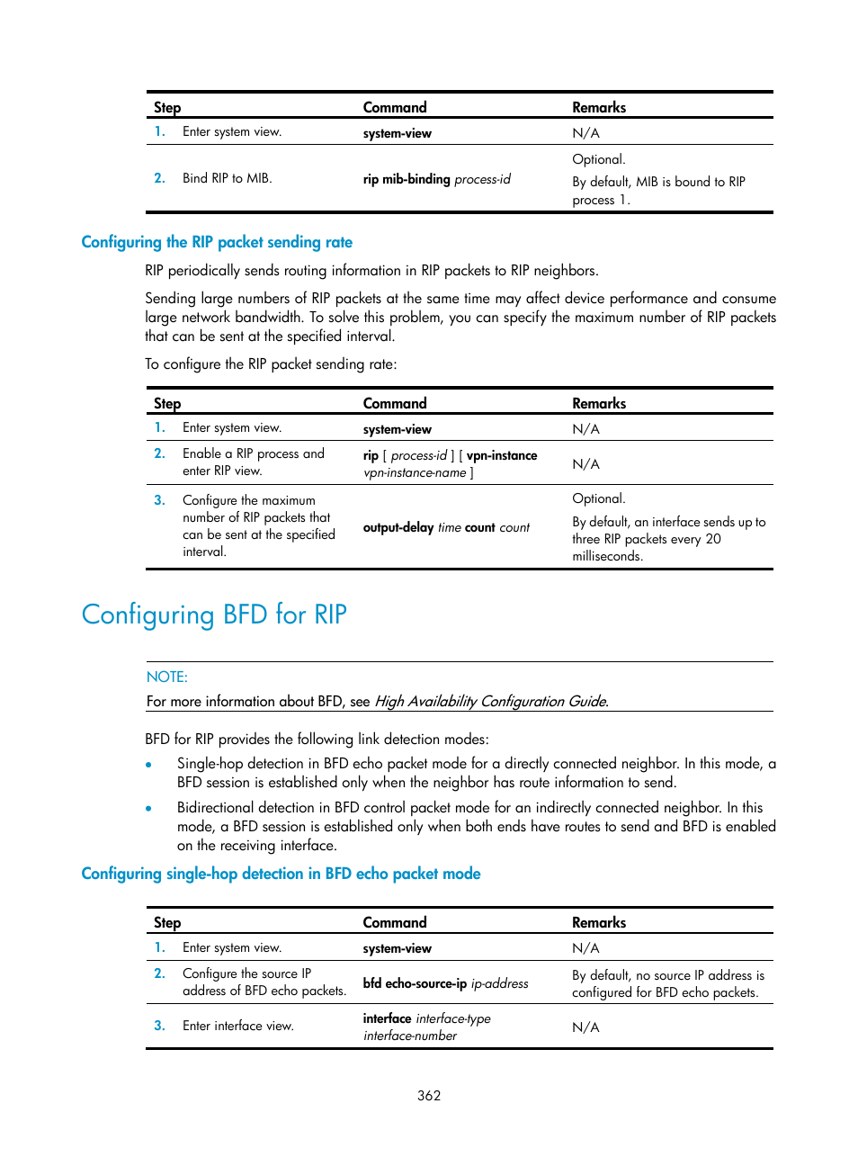 Configuring the rip packet sending rate, Configuring bfd for rip | H3C Technologies H3C SecPath F1000-E User Manual | Page 387 / 967