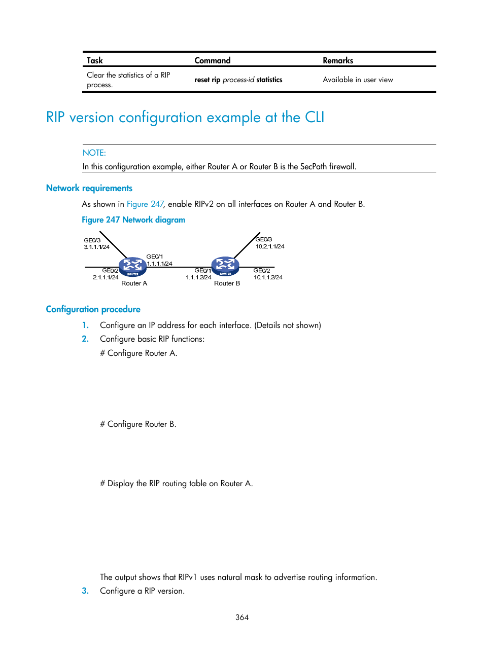 Rip version configuration example at the cli, Network requirements, Configuration procedure | H3C Technologies H3C SecPath F1000-E User Manual | Page 389 / 967