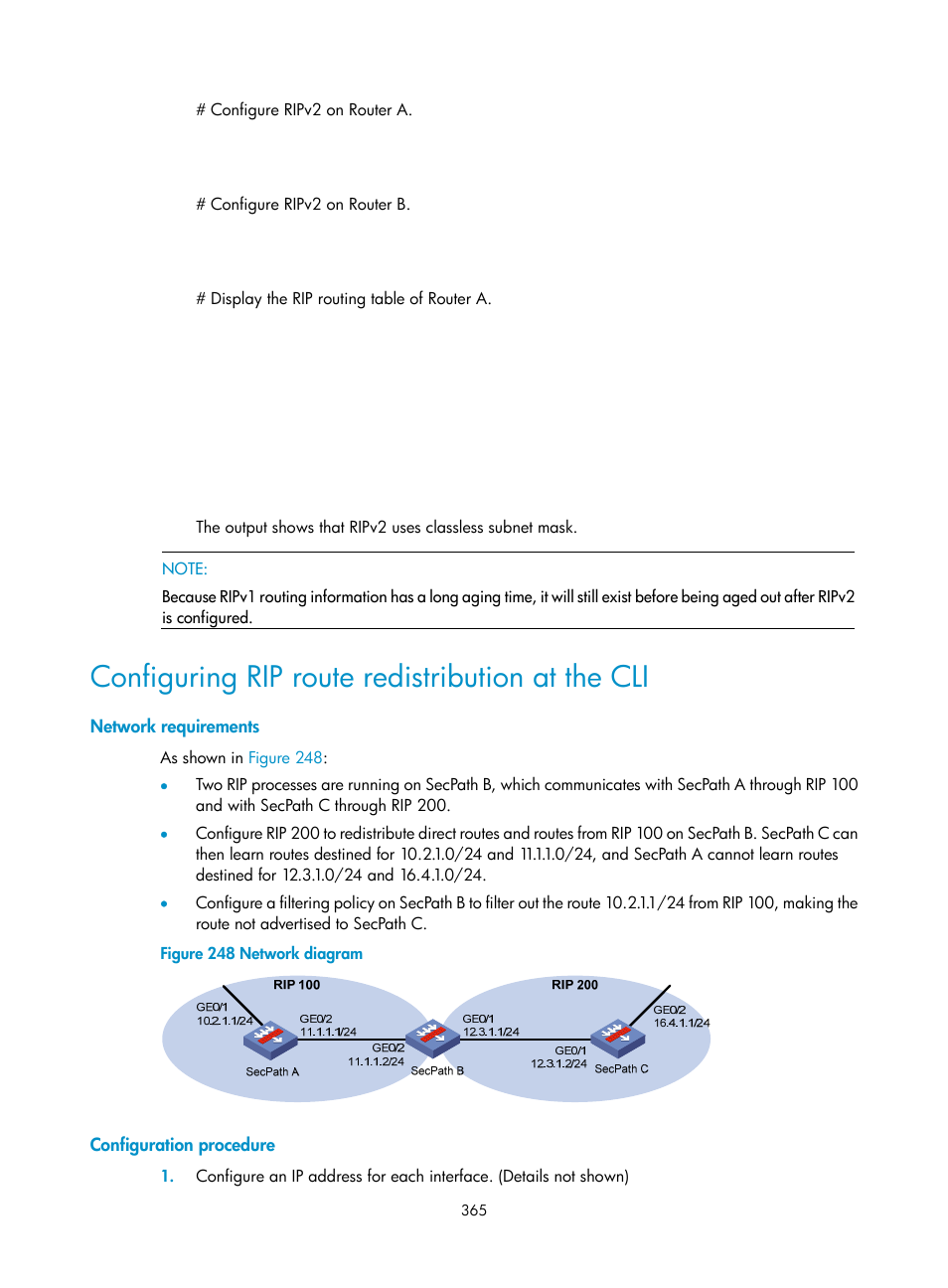 Configuring rip route redistribution at the cli, Network requirements, Configuration procedure | H3C Technologies H3C SecPath F1000-E User Manual | Page 390 / 967