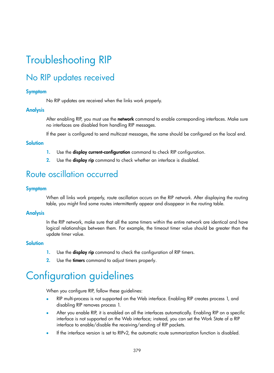 Troubleshooting rip, No rip updates received, Symptom | Analysis, Solution, Route oscillation occurred, Configuration guidelines | H3C Technologies H3C SecPath F1000-E User Manual | Page 404 / 967