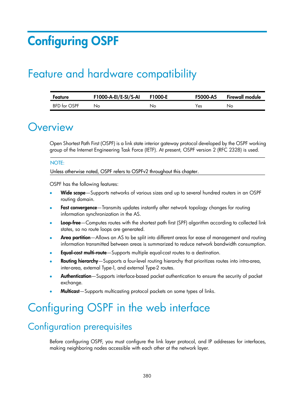 Configuring ospf, Feature and hardware compatibility, Overview | Configuring ospf in the web interface, Configuration prerequisites | H3C Technologies H3C SecPath F1000-E User Manual | Page 405 / 967