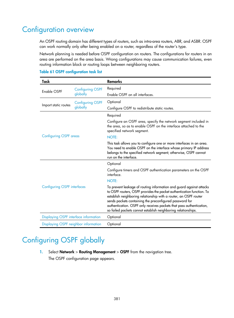 Configuration overview, Configuring ospf globally | H3C Technologies H3C SecPath F1000-E User Manual | Page 406 / 967