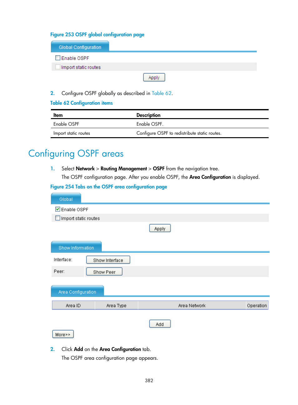 Configuring ospf areas | H3C Technologies H3C SecPath F1000-E User Manual | Page 407 / 967