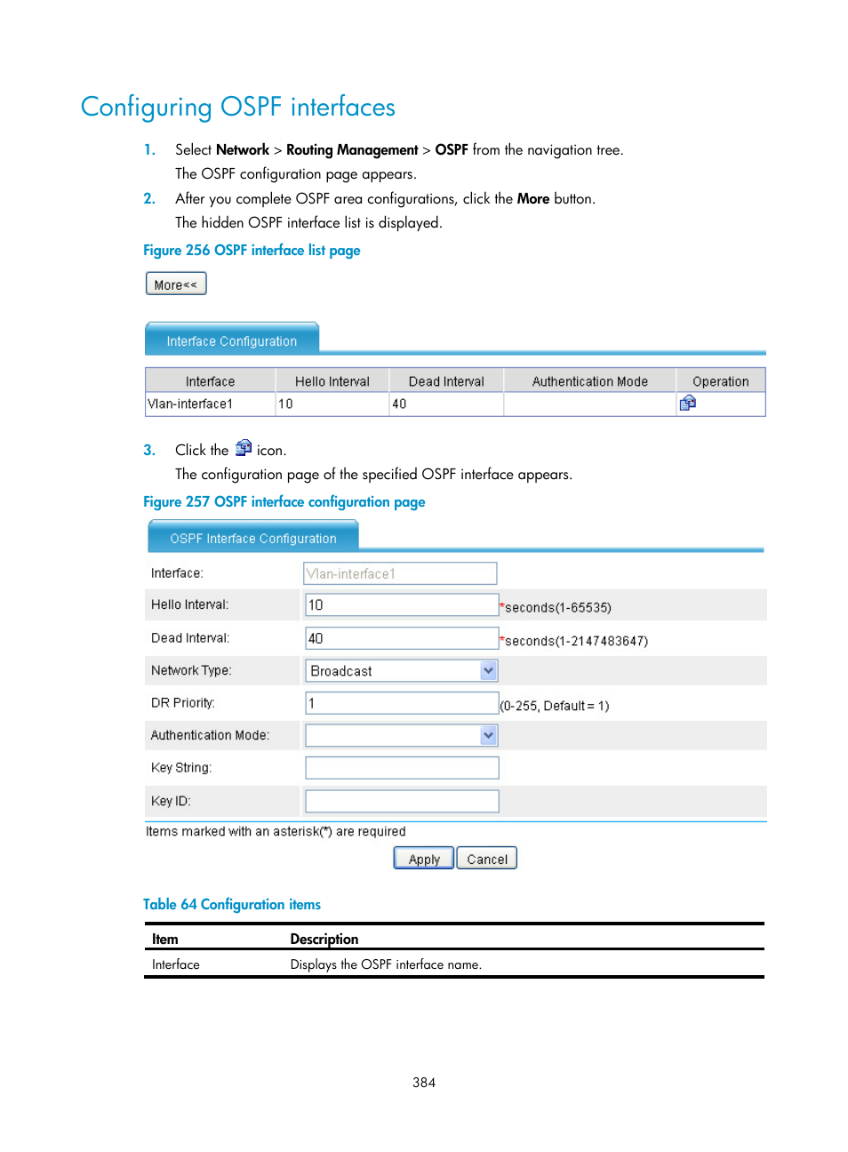 Configuring ospf interfaces | H3C Technologies H3C SecPath F1000-E User Manual | Page 409 / 967