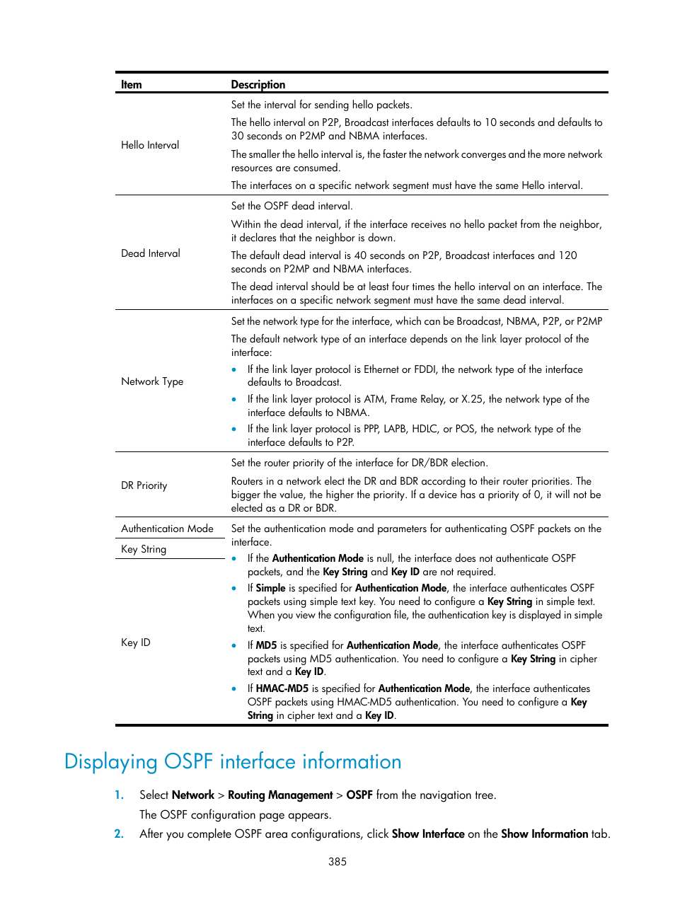 Displaying ospf interface information | H3C Technologies H3C SecPath F1000-E User Manual | Page 410 / 967