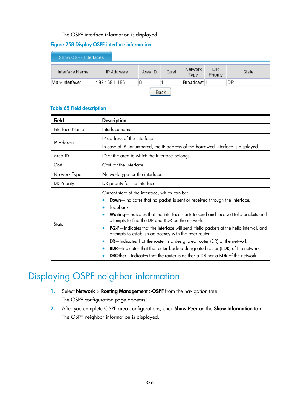 Displaying ospf neighbor information | H3C Technologies H3C SecPath F1000-E User Manual | Page 411 / 967