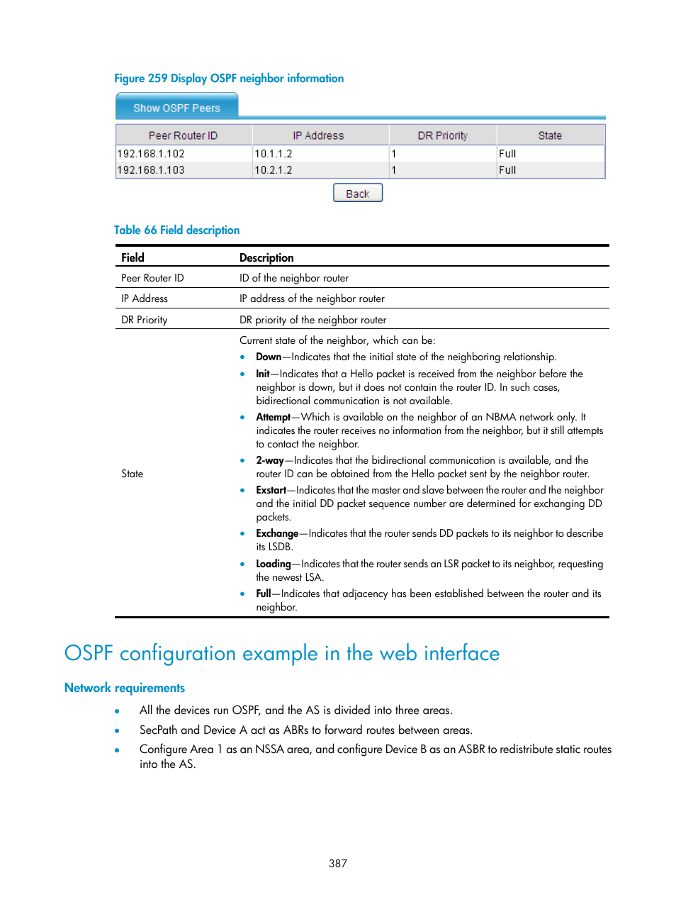 Ospf configuration example in the web interface, Network requirements | H3C Technologies H3C SecPath F1000-E User Manual | Page 412 / 967