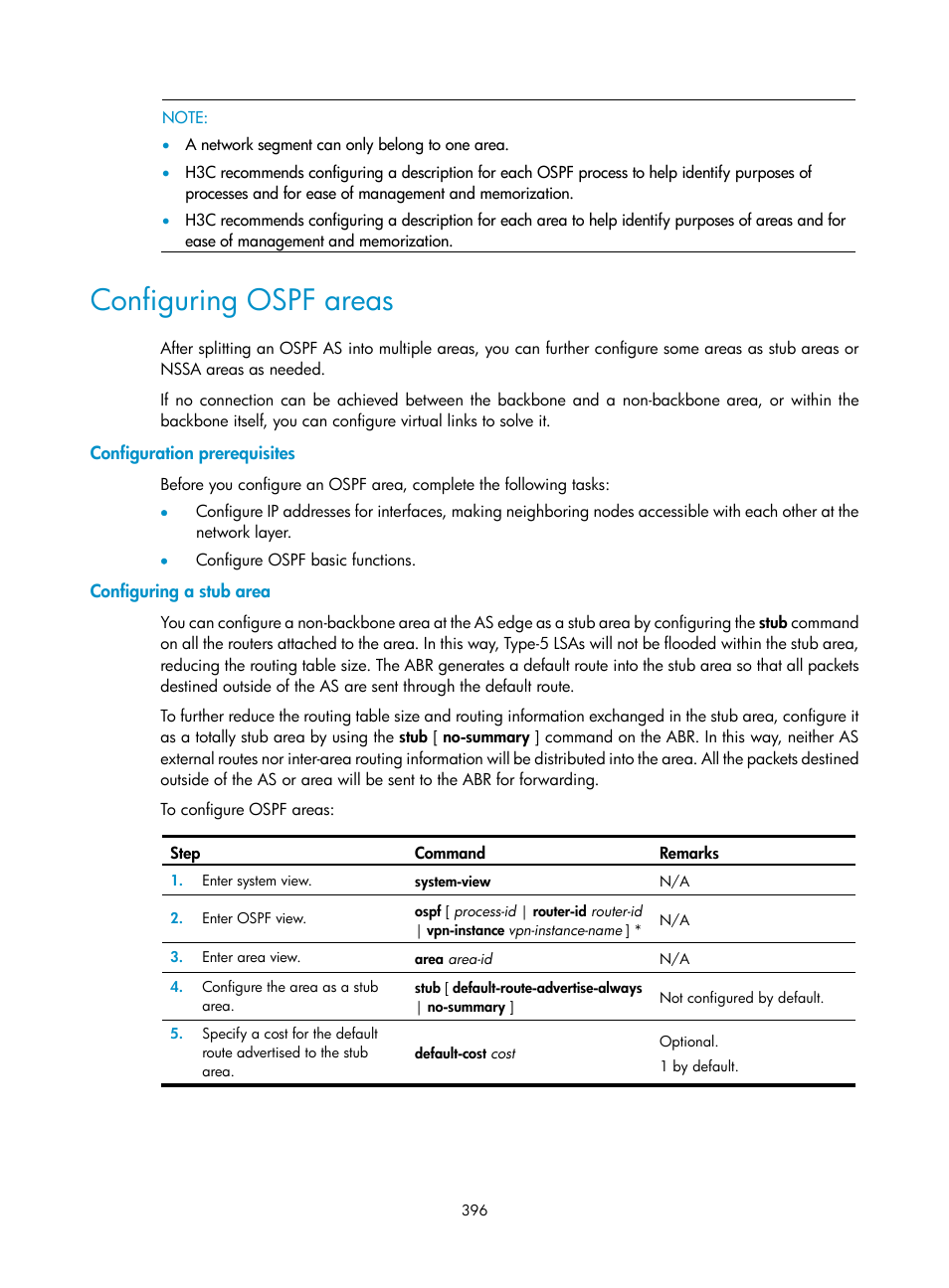 Configuring ospf areas, Configuration prerequisites, Configuring a stub area | H3C Technologies H3C SecPath F1000-E User Manual | Page 421 / 967