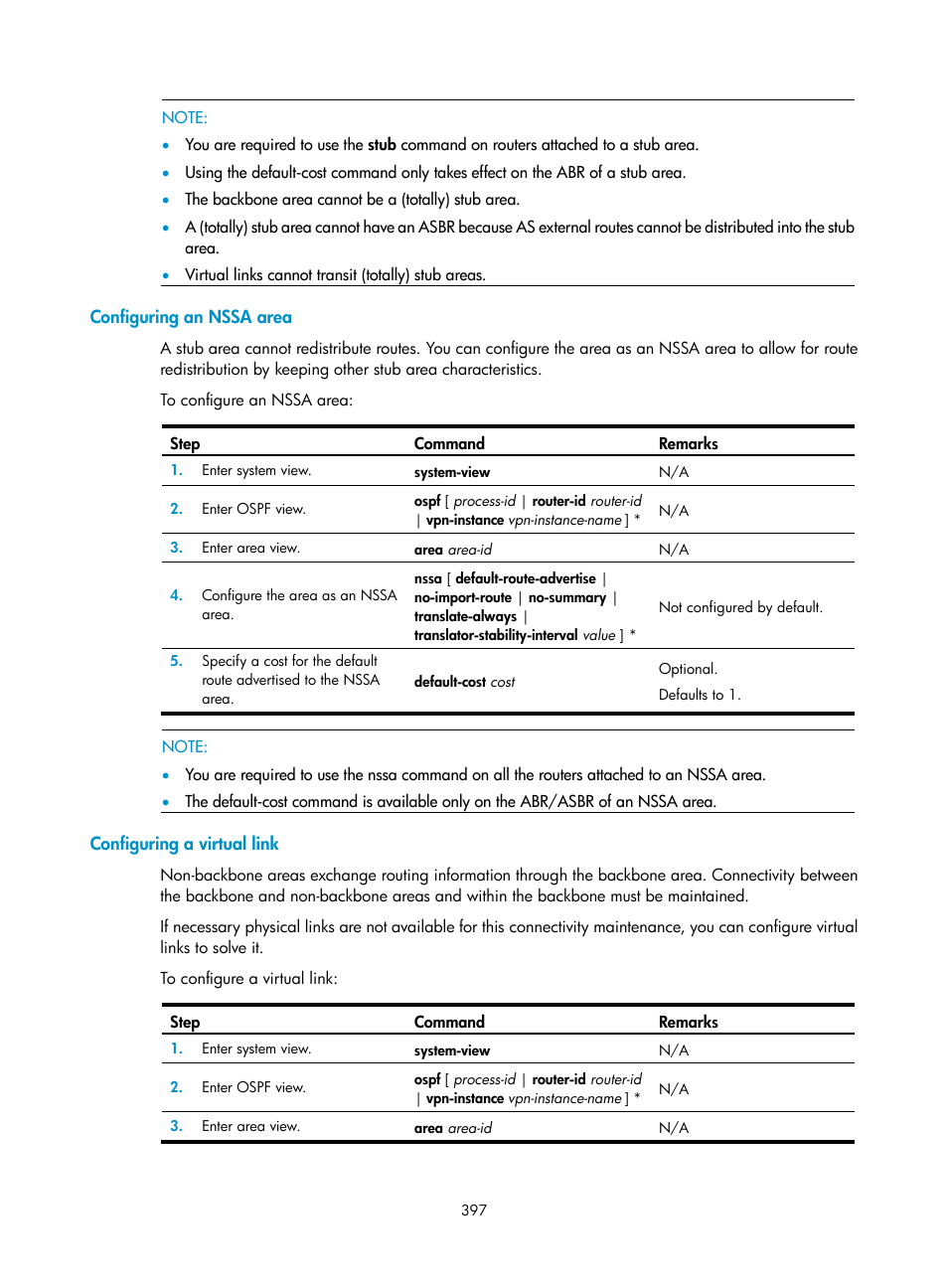 Configuring an nssa area, Configuring a virtual link | H3C Technologies H3C SecPath F1000-E User Manual | Page 422 / 967