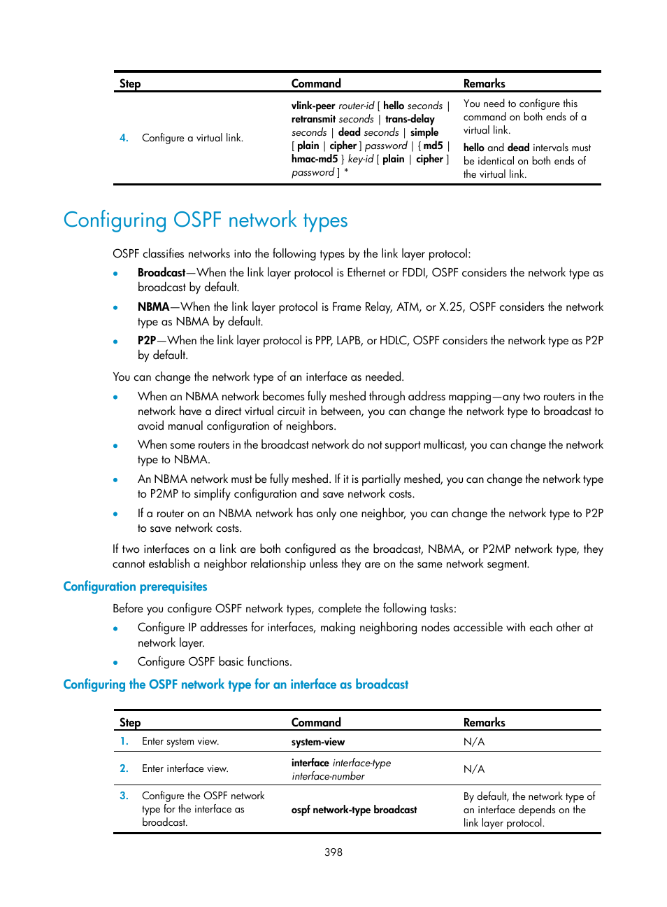 Configuring ospf network types, Configuration prerequisites | H3C Technologies H3C SecPath F1000-E User Manual | Page 423 / 967